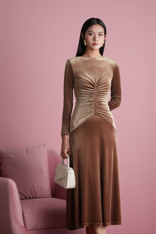 Sixdo Bronze Velvet Flared Dress